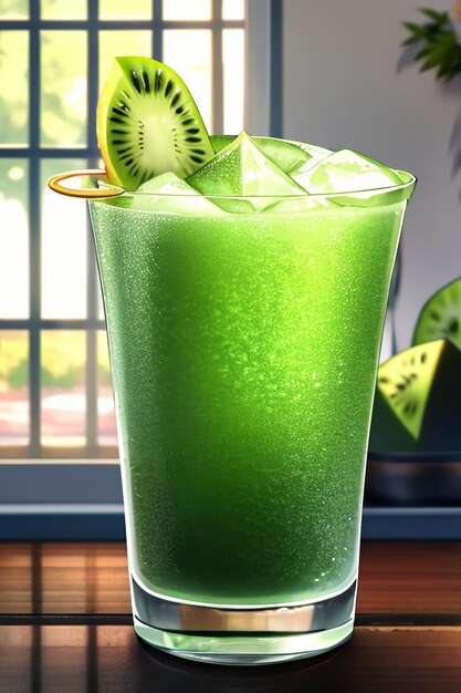 A glass of delicious green kiwi fruit drink on the kitchen table