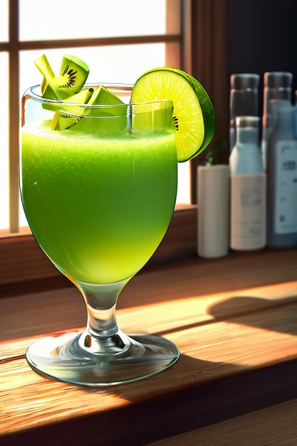 A glass of delicious green kiwi fruit drink on the kitchen table