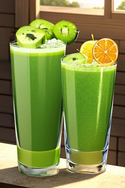 A glass of delicious green kiwi fruit drink on the kitchen table