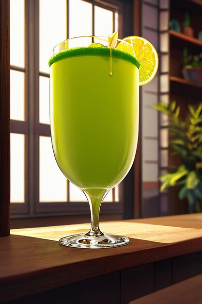 A glass of delicious green kiwi fruit drink on the kitchen table