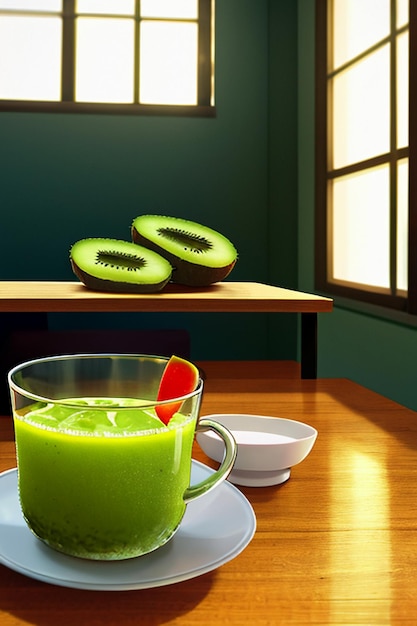 A glass of delicious green kiwi fruit drink on the kitchen table