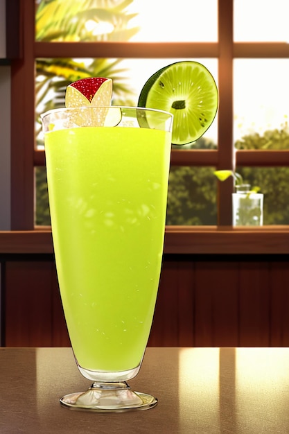 A glass of delicious green kiwi fruit drink on the kitchen table