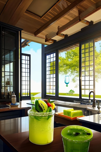 A glass of delicious green kiwi fruit drink on the kitchen table