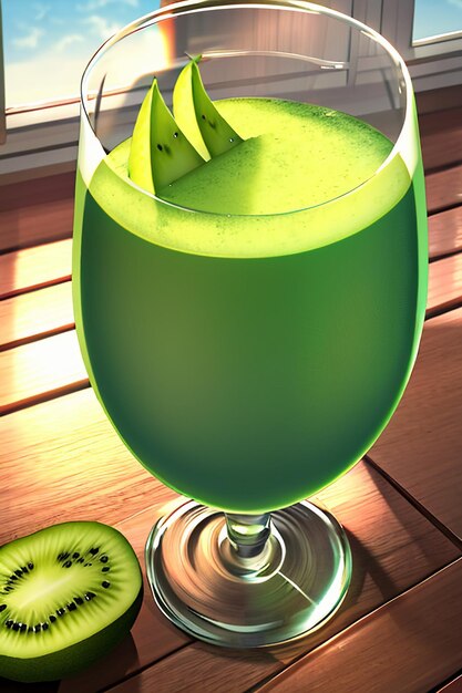 Photo a glass of delicious green kiwi fruit drink on the kitchen table