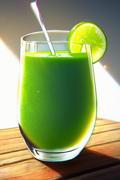 A glass of delicious green kiwi fruit drink on the kitchen table