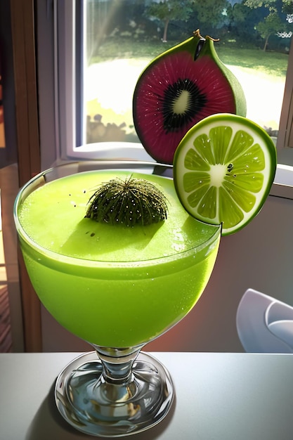 A glass of delicious green kiwi fruit drink on the kitchen table