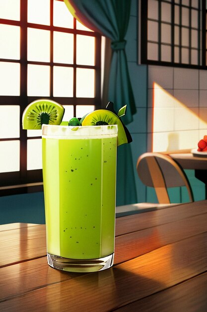 A glass of delicious green kiwi fruit drink on the kitchen table