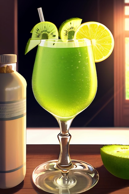 На кухонном столе стакан вкусного зеленого фруктового напитка.