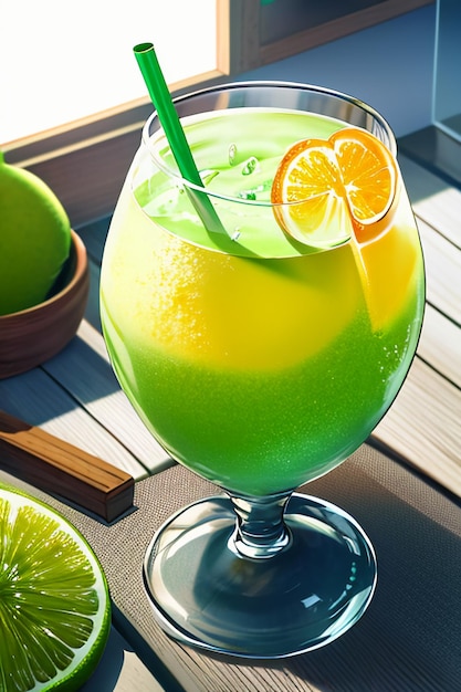 A glass of delicious green kiwi fruit drink on the kitchen table