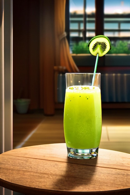 A glass of delicious green kiwi fruit drink on the kitchen table