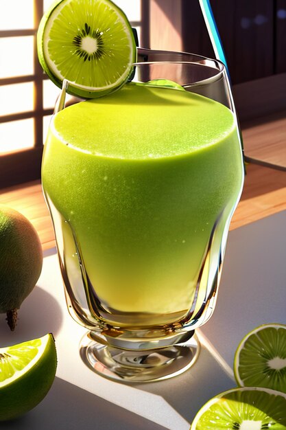 A glass of delicious green kiwi fruit drink on the kitchen table