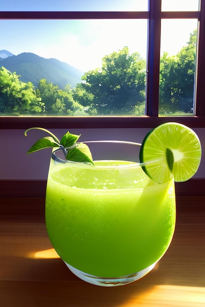 A glass of delicious green kiwi fruit drink on the kitchen table