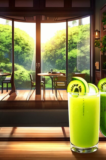 A glass of delicious green kiwi fruit drink on the kitchen table