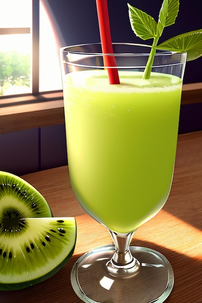 A glass of delicious green kiwi fruit drink on the kitchen table