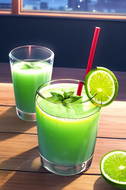 A glass of delicious green kiwi fruit drink on the kitchen table