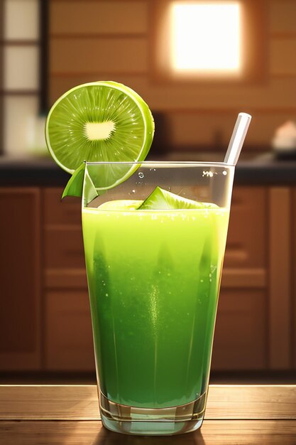 A glass of delicious green kiwi fruit drink on the kitchen table