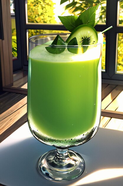 A glass of delicious green kiwi fruit drink on the kitchen table