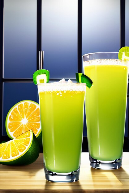 A glass of delicious green kiwi fruit drink on the kitchen table