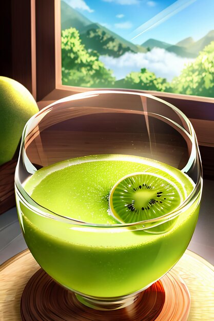 A glass of delicious green kiwi fruit drink on the kitchen table