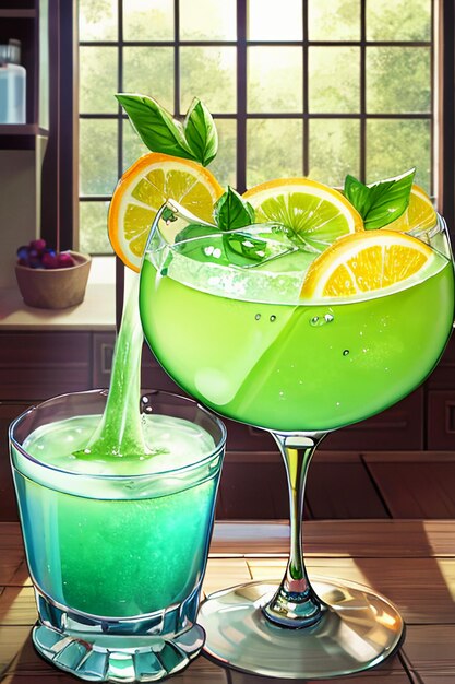 A glass of delicious green kiwi fruit drink on the kitchen table