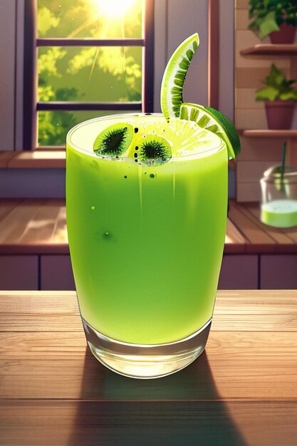 A glass of delicious green kiwi fruit drink on the kitchen table