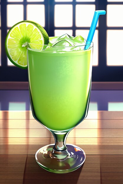 A glass of delicious green kiwi fruit drink on the kitchen table