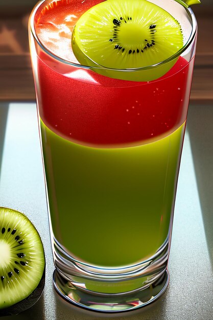 A glass of delicious green kiwi fruit drink on the kitchen table