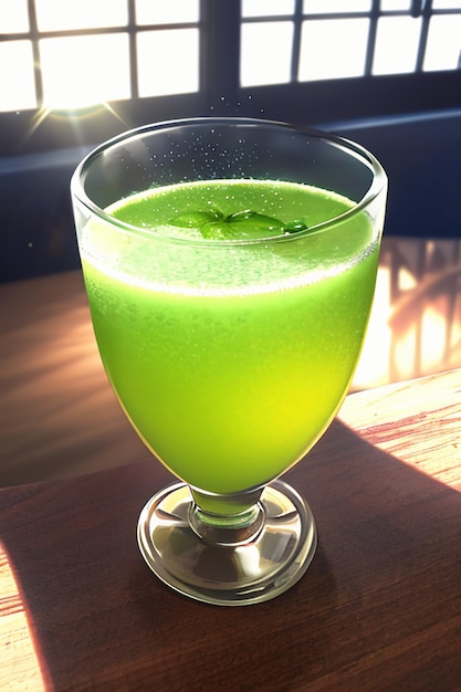 부 테이블 에 맛있는 녹색 키위 과일 음료 한 잔