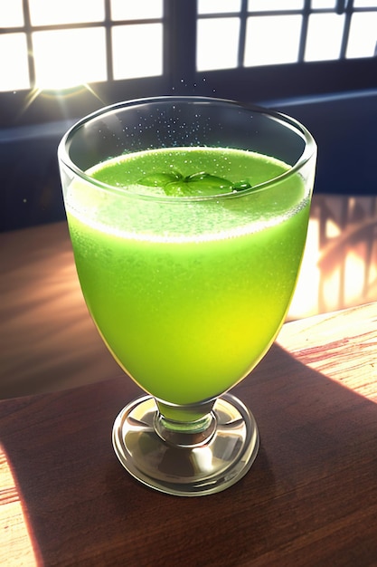 A glass of delicious green kiwi fruit drink on the kitchen table