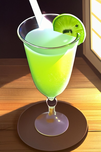 A glass of delicious green kiwi fruit drink on the kitchen table