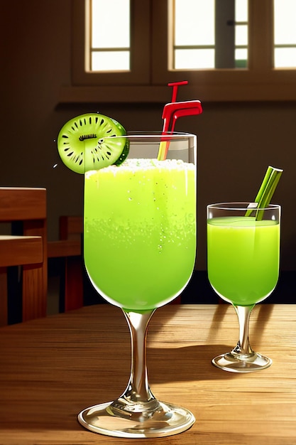 A glass of delicious green kiwi fruit drink on the kitchen table