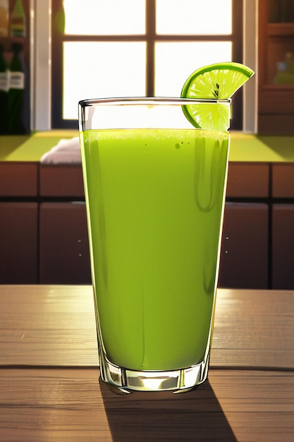 A glass of delicious green kiwi fruit drink on the kitchen table