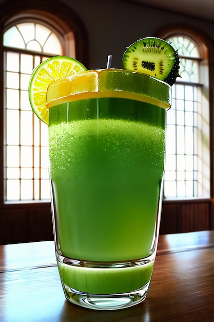 A glass of delicious green kiwi fruit drink on the kitchen table