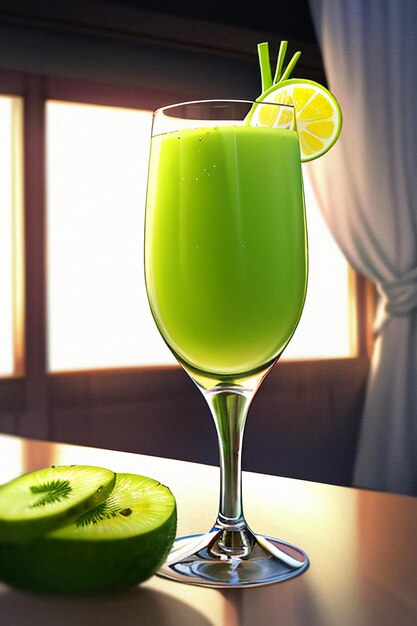 A glass of delicious green kiwi fruit drink on the kitchen table