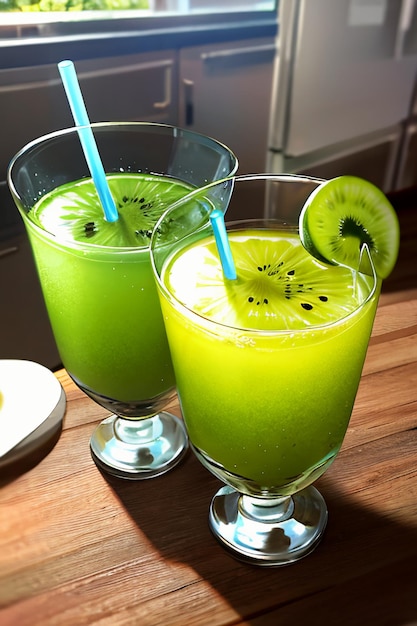 A glass of delicious green kiwi fruit drink on the kitchen table