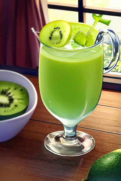 A glass of delicious green kiwi fruit drink on the kitchen table