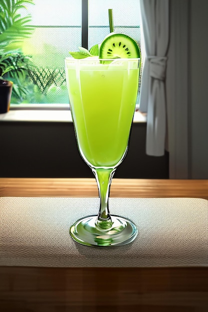 A glass of delicious green kiwi fruit drink on the kitchen table