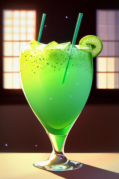 A glass of delicious green kiwi fruit drink on the kitchen table