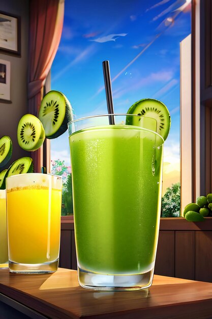 A glass of delicious green kiwi fruit drink on the kitchen table