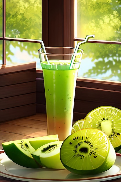 A glass of delicious green kiwi fruit drink on the kitchen table