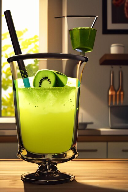 A glass of delicious green kiwi fruit drink on the kitchen table