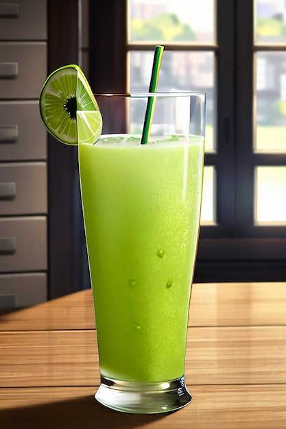 A glass of delicious green kiwi fruit drink on the kitchen table