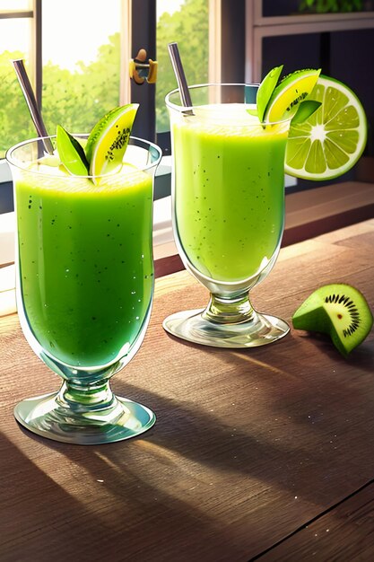 A glass of delicious green kiwi fruit drink on the kitchen table