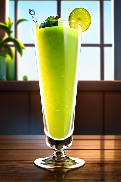 A glass of delicious green kiwi fruit drink on the kitchen table