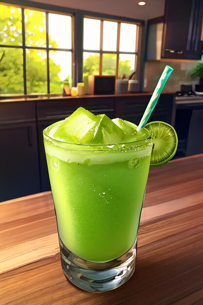 A glass of delicious green kiwi fruit drink on the kitchen table