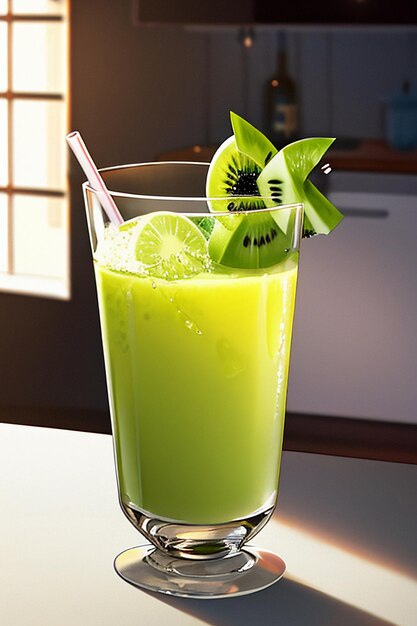 A glass of delicious green kiwi fruit drink on the kitchen table