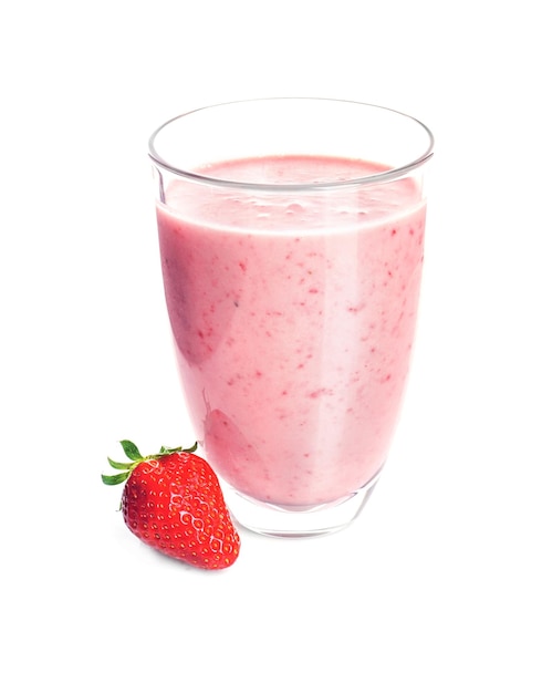 Glass of delicious strawberry yogurt smoothie on white background