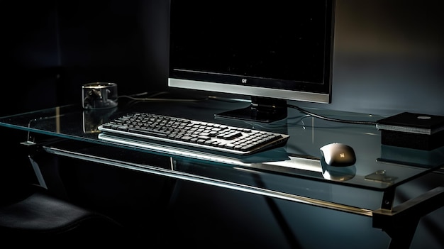 A glass desk with a keyboard and mouse on it