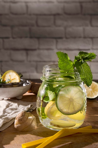 Glass of detox water with mint, ginger, rosmary and limes