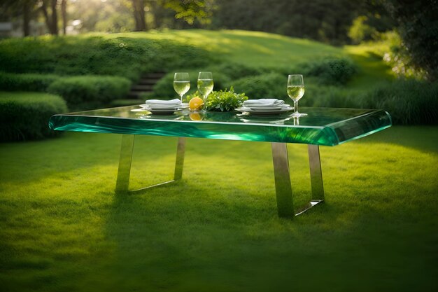 A a glass dining table sits atop a bed of lush green grass